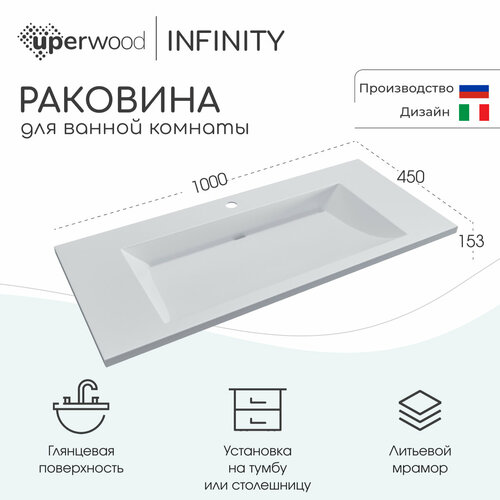 Раковина для ванной Uperwood Infinity 100х45х15,3 см, белая глянцевая фото, описание