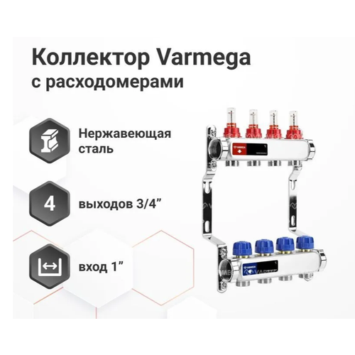 VARMEGA Коллектор из нержавеющей стали с расходомерами 4 выхода / контура / отвода VM15104 фото, описание