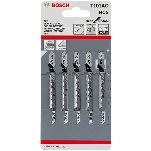 Пилки для лобзика Bosch T 101AO /БОШ CLEAN for Wood/ 2608630031 пилка для лобзика по дереву чистый криволинейный пропил, упаковка 5 шт фото, описание