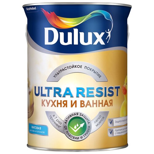 Краска латексная Dulux Ultra Resist Кухня и ванная матовая бесцветный 0.9 л 1.253 кг фото, описание