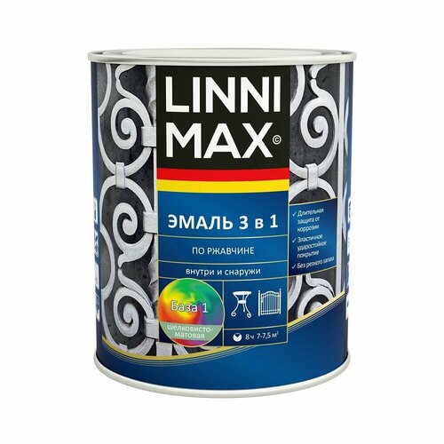 Эмаль по ржавчине 3 в 1 Linnimax шелковисто-матовая (0,75л) серый RAL 7040 фото, описание