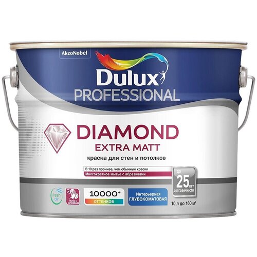 Краска водно-дисперсионная Dulux Diamond Extra Mat  для стен и потолков база глубокоматовая белый 10 л фото, описание