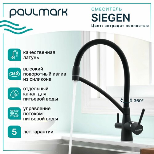 Смеситель для кухни с гибким изливом Paulmark SIEGEN, подключение к фильтру питьевой воды, двурычажный, поворотный, латунь / силикон, на мойку / столешницу, антрацит полностью, Si213111-401TB фото, описание