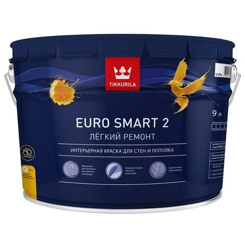 Краска акриловая (АК) Tikkurila интерьерная Euro Smart 2 глубокоматовая h468 9 л фото, описание