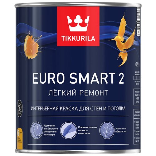 Краска акриловая (АК) Tikkurila интерьерная Euro Smart 2 глубокоматовая белый 0.9 л фото, описание