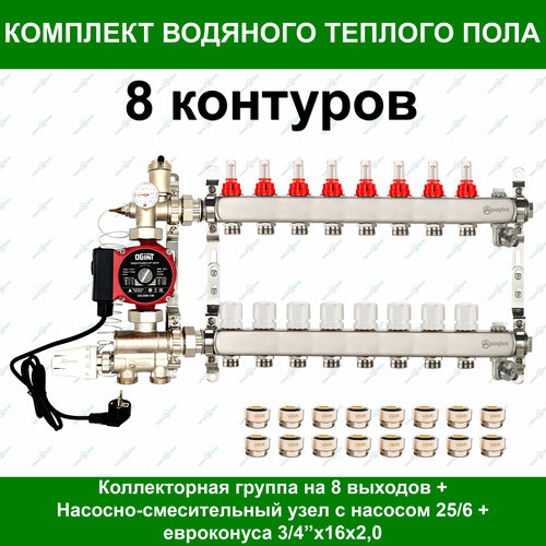 Коллекторная группа для водяного теплого пола + НСУ + насос + евроконуса до 110 м2. (на 8 контуров) Aquasfera фото, описание