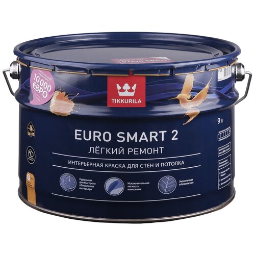 Краска акриловая (АК) Tikkurila интерьерная Euro Smart 2 глубокоматовая белый 9 л 13.4 кг фото, описание