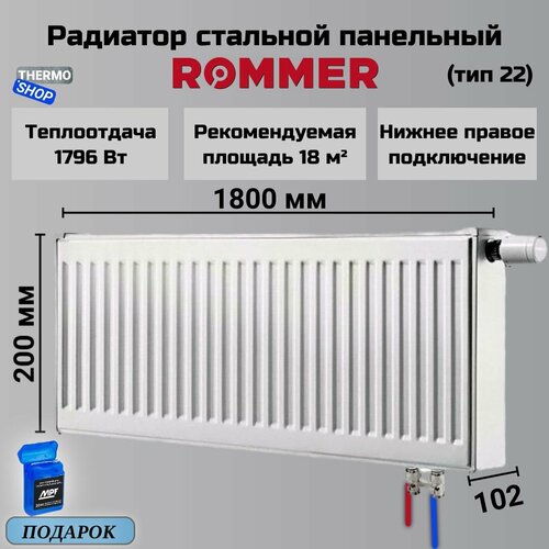 Радиатор стальной панельный 200х1800 нижнее подключение Venti 22/200/1800 Сантехническая нить 20 м фото, описание