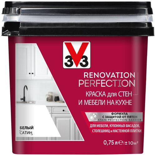 Краска акриловая V33 Renovation Perfection для стен и мебели на кухне полуматовая белый 0.75 л 0.9 кг фото, описание