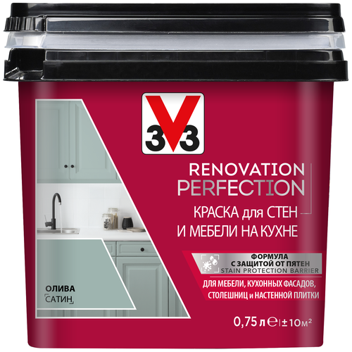 Краска акриловая V33 Renovation Perfection для стен и мебели на кухне полуматовая олива 0.75 л фото, описание