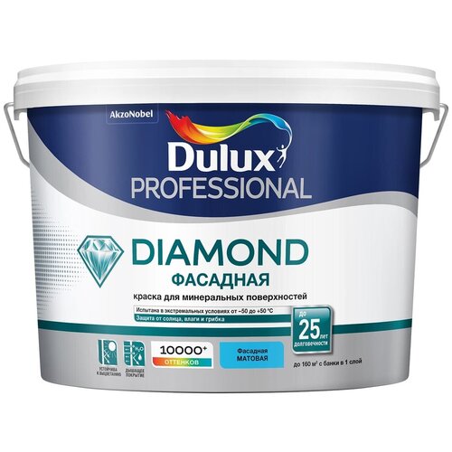 Краска акриловая (АК) Dulux Diamond Фасадная Гладкая матовая бесцветный 9 л 10.01 кг фото, описание