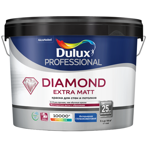 Краска водно-дисперсионная Dulux Diamond Extra Mat  для стен и потолков база глубокоматовая бесцветный 9 л 12.2 кг фото, описание