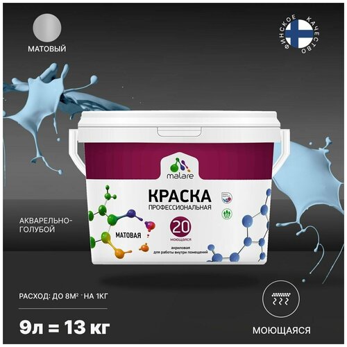 Краска акриловая Malare Professional №20 Waterprof матовая акварельно-голубой 9 л 13 кг фото, описание