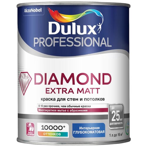 Краска водно-дисперсионная Dulux Diamond Extra Mat  для стен и потолков база глубокоматовая белый 1 л фото, описание