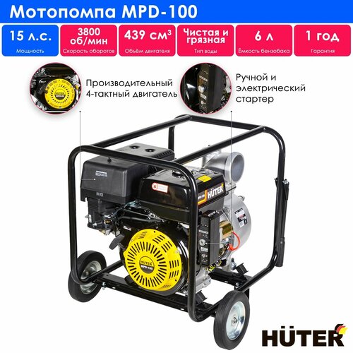 Мотопомпа Huter MPD-100 15 л.с. 1800 л/мин фото, описание