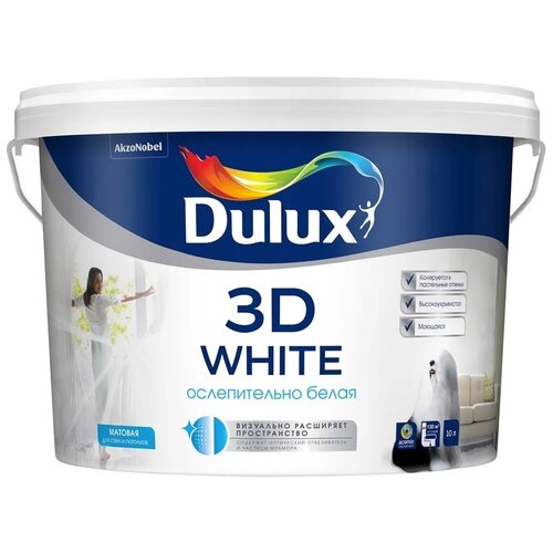 Краска водно-дисперсионная Dulux 3D White матовая белый 10 л 13.7 кг фото, описание