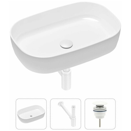 Накладная раковина в ванную Lavinia Boho Bathroom Sink Slim 21520068 в комплекте 3 в 1: умывальник белый, донный клапан и сифон в цвете матовый белый фото, описание