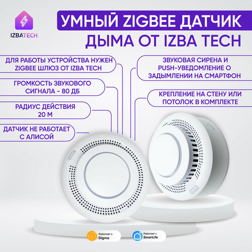 Умный беспроводной автономный датчик дыма Zigbee с низким энергопотреблением и длительным сроком службы батареи фото, описание