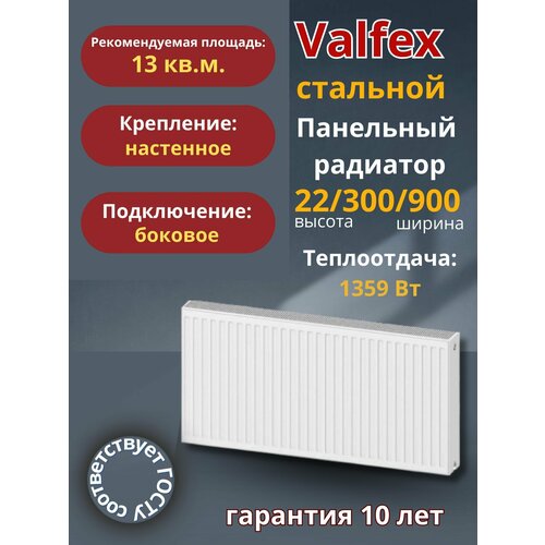 Valfex, Тип 22/Высота 300мм/Длина 900мм, боковое подключение, панельный радиатор фото, описание