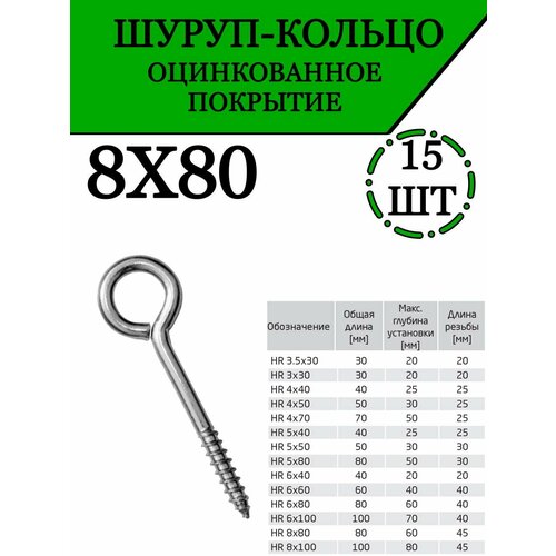 Саморез, шуруп кольцо оцинкованный, 8х80 мм, 15 шт. фото, описание