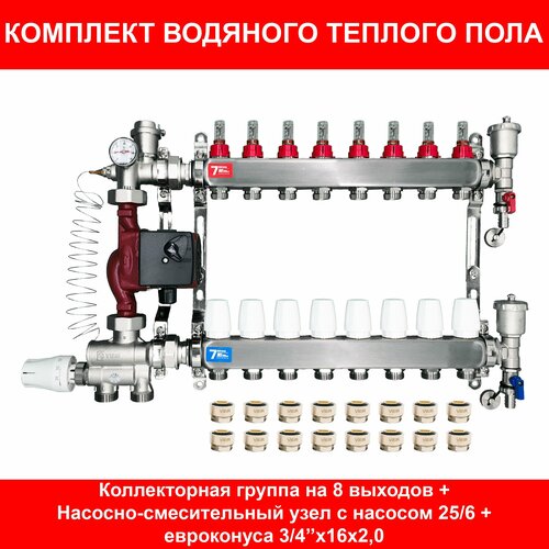 Комплект для водяного теплого пола на 90 кв. м. (коллектор на 8 выходов) фото, описание