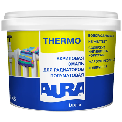 Эмаль акриловая (АК) Aura Thermo для радиаторов, полуматовая, база А (белый), 0.5 кг, 0.45 л фото, описание