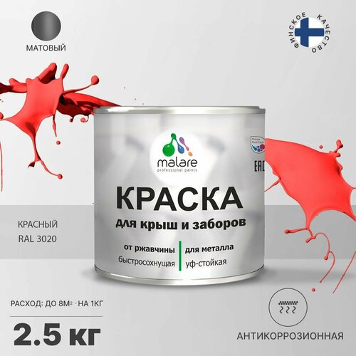 Краска Malare для металлического забора, для крыши из металла, для металлочерепицы, антикоррозионная, матовый, красный, 2,5 кг. фото, описание