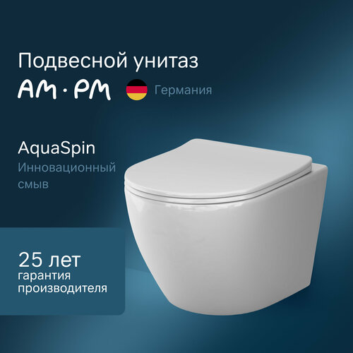 Унитаз подвесной безободковый AM.PM Like AquaSpin C801900SC скрытый, быстросъемное сиденье с микролифтом, подвесные безободковые унитазы комплект антивсплеск, гарантия 25 лет, Германия фото, описание