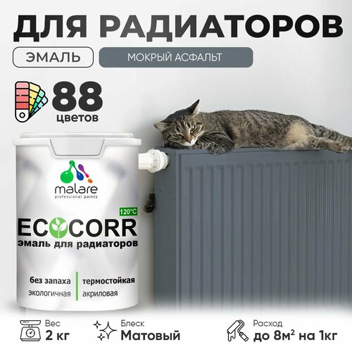 Эмаль Malare EcoCorr для труб и радиаторов отопления, для батарей отопления, быстросохнущая, без запаха, матовая, мокрый асфальт, 2 кг фото, описание