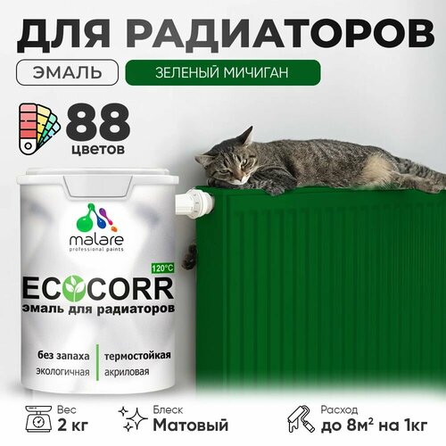 Эмаль Malare EcoCorr для труб и радиаторов отопления, для батарей отопления, быстросохнущая, без запаха, матовая, зеленый мичиган, 2 кг. фото, описание