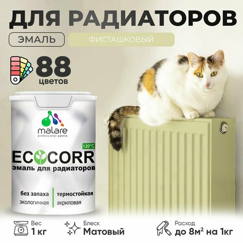 Эмаль Malare EcoCorr для труб и радиаторов отопления, для батарей отопления, быстросохнущая, без запаха, матовая, фисташковый, 1 кг. фото, описание