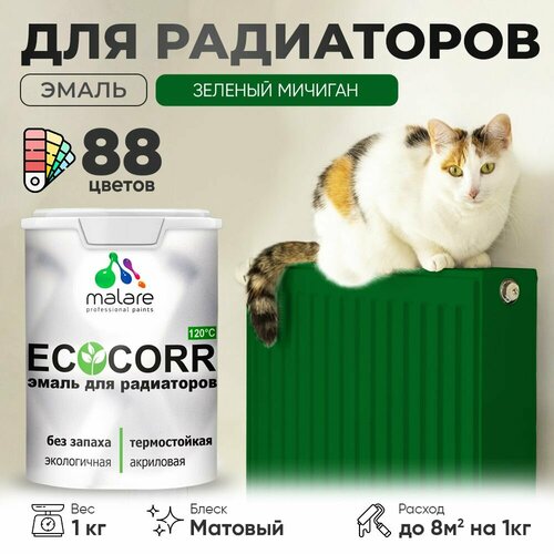 Эмаль Malare EcoCorr для труб и радиаторов отопления, для батарей отопления, быстросохнущая, без запаха, матовая, зеленый мичиган, 1 кг. фото, описание