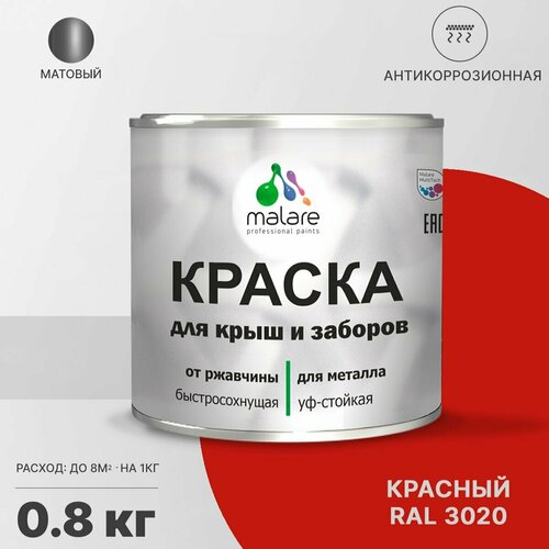 Краска Malare для металлического забора, для крыши из металла, для металлочерепицы, антикоррозионная, матовый, красный, 0,8 кг. фото, описание