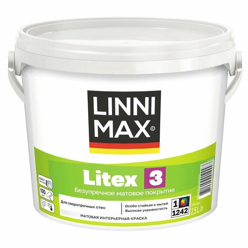 LINNIMAX LITEX 3 краска для стен латексная водно-дисперсионная для вн работ матовая база 1, 2.5 л фото, описание